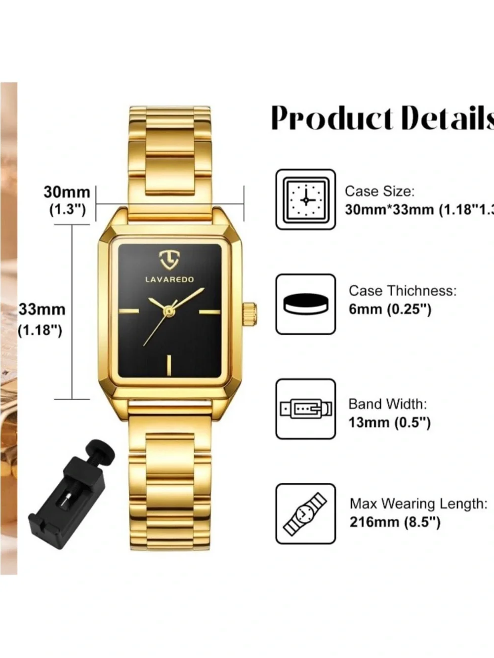 Womens Gold Black Analog Quartz Stainless Steel Waterproof Luxury Bracelet Watch
